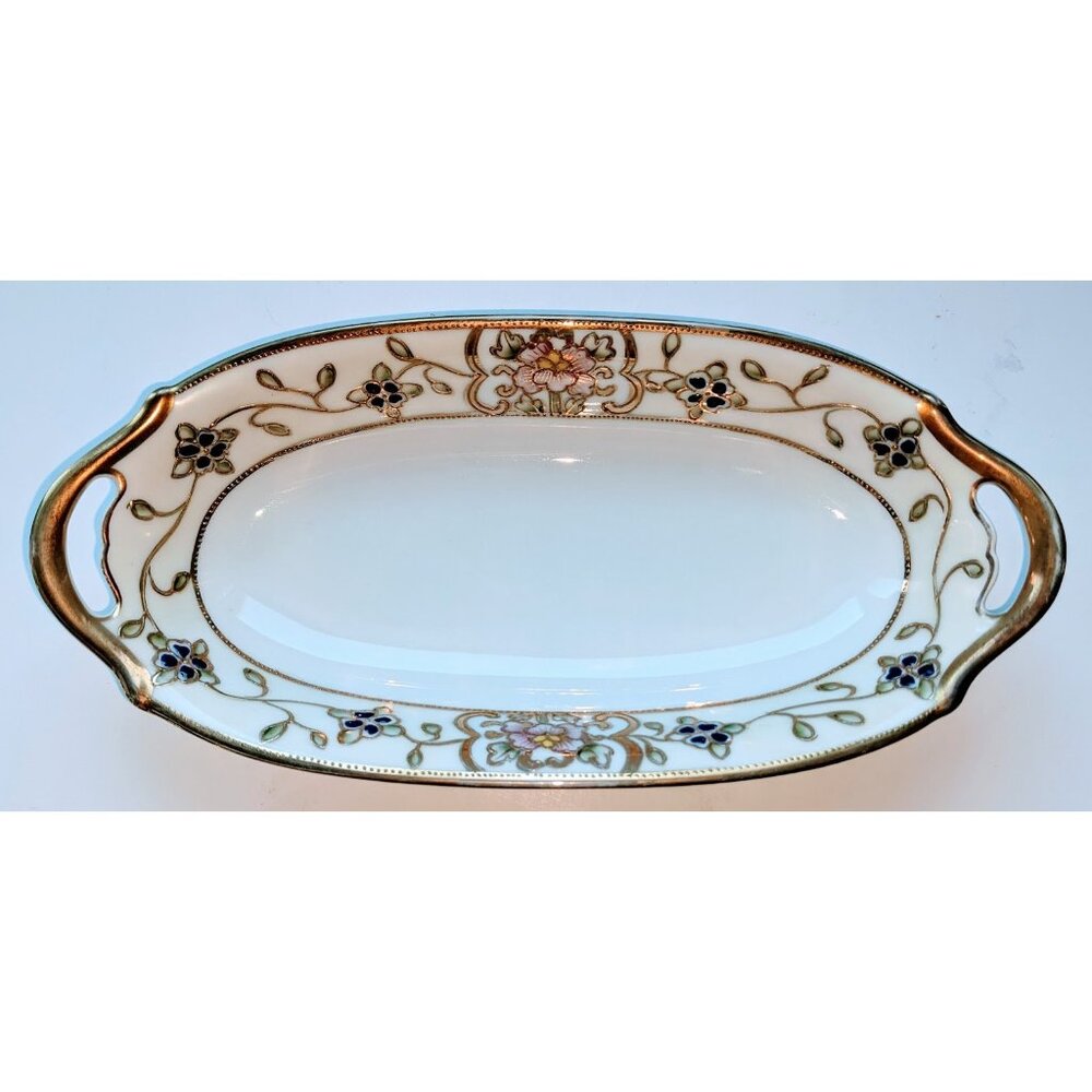 Vintage Meito Hand Painted China Made In Japan Serving Oval Dish Floral 9"× 4"